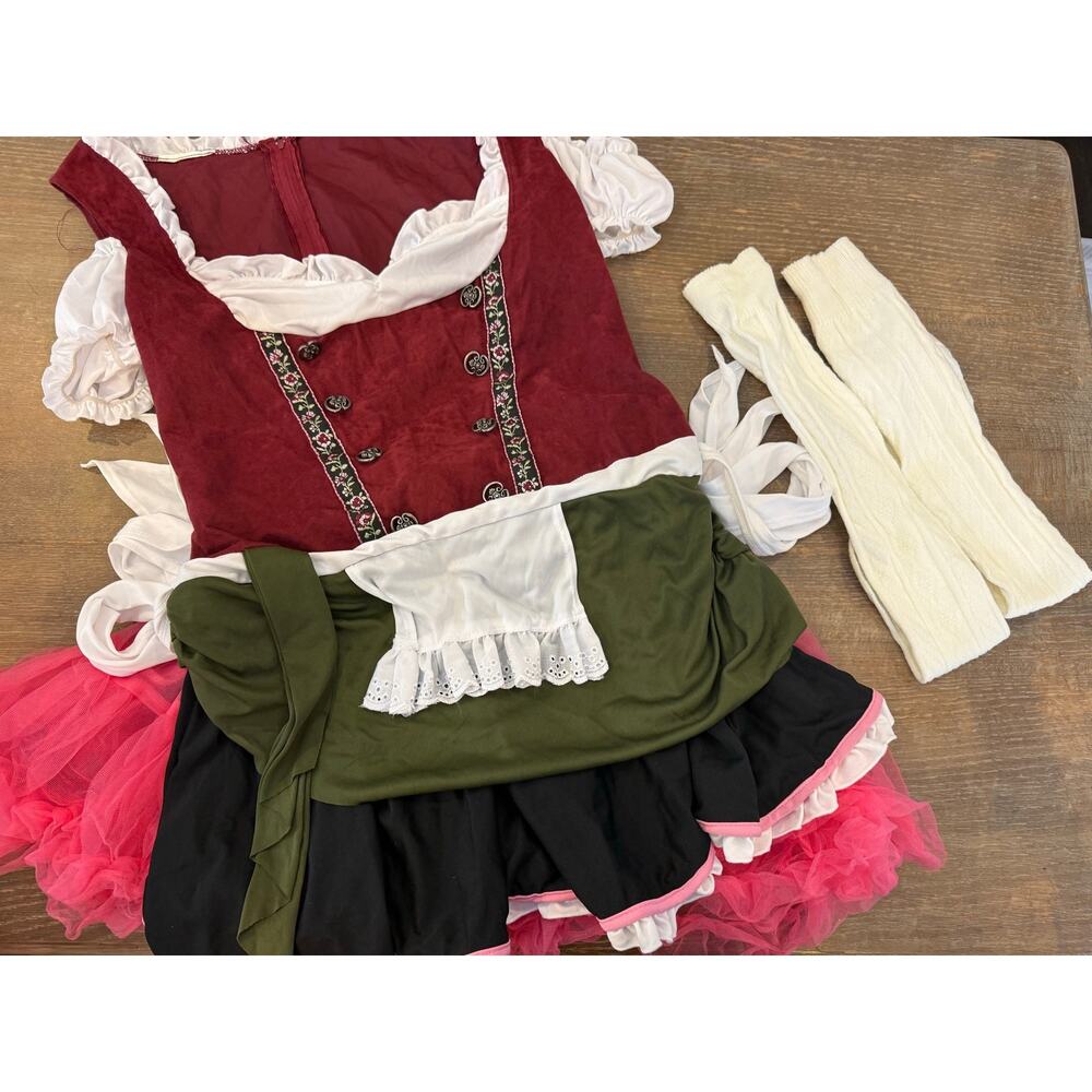 German Beer Girl Oktoberfest Halloween Costume Dress + Petticoat + Socks Women L